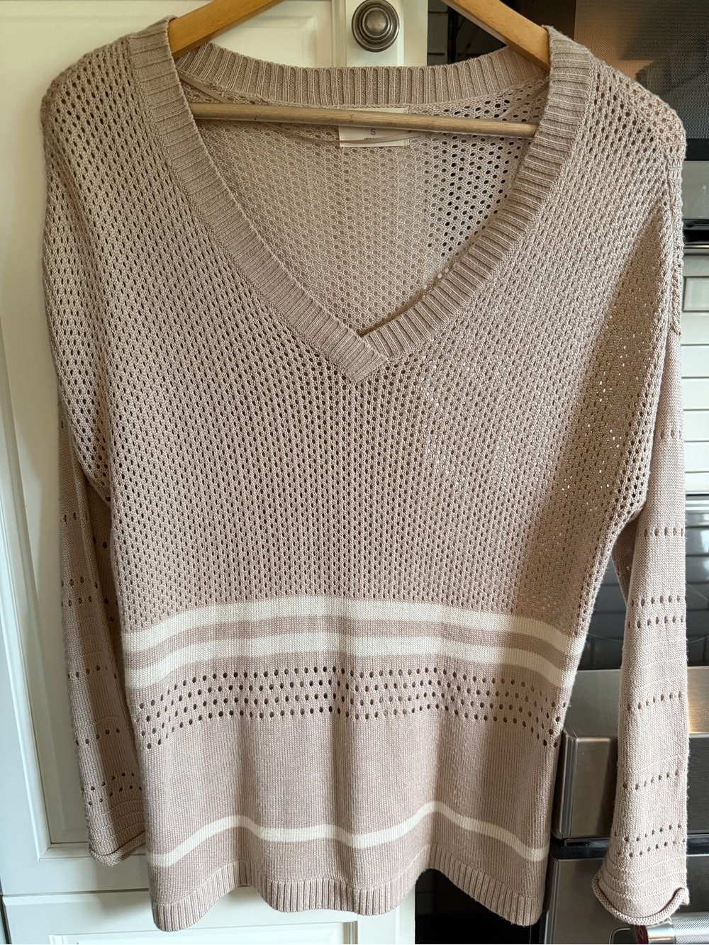 Gentle Fawn Open Knit V-Neck Striped Sweater Taupe Cream Size S